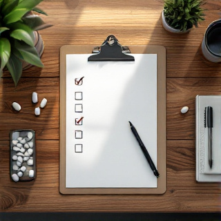 Overhead view of a clipboard checklist, pen and supplement capsules on a wooden desk