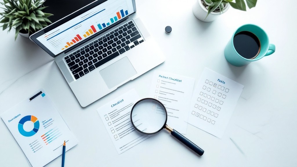 Desk with comparison charts, ranking table and a checklist for evaluating Google Ads agency account providers