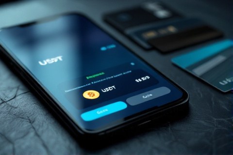Smartphone showing a USDT crypto wallet transfer next to payment cards, a common Google Ads agency top-up method
