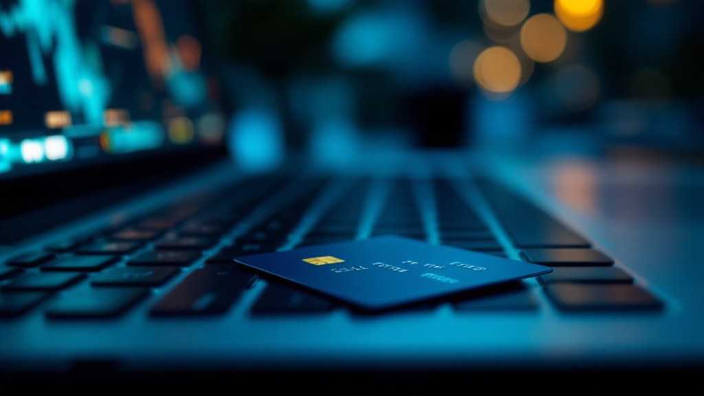 Credit card on a laptop keyboard next to a screen showing a Google Ads payment error