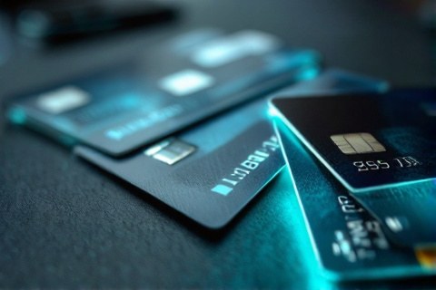 Several bank cards fanned out on a dark desk, chips and holograms catching light