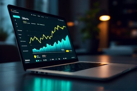Laptop showing a growing analytics dashboard with rising teal charts