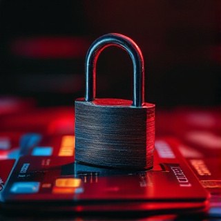 Metallic padlock resting on a stack of credit cards under red lighting