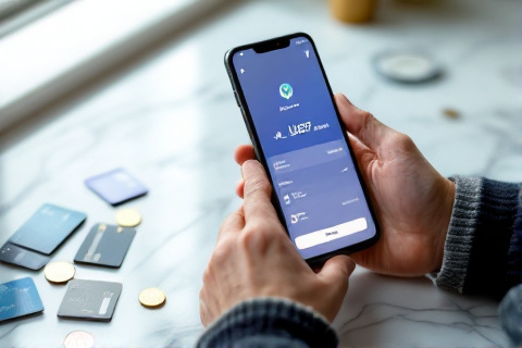 Smartphone showing crypto wallet with USDT payment options and credit cards nearby