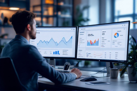 Person reviewing Google Ads campaign performance on dual monitors in modern office