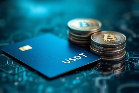 A dark credit card next to USDT and Bitcoin coins representing crypto top-up funding for Google Ads
