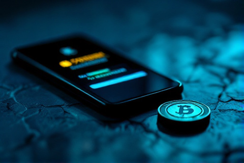 Smartphone showing a stablecoin transfer confirmation beside a metal crypto token on a dark surface