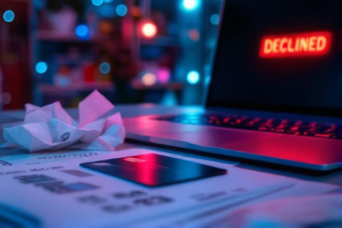 Bank card on a desk beside a laptop screen glowing red with a declined payment error