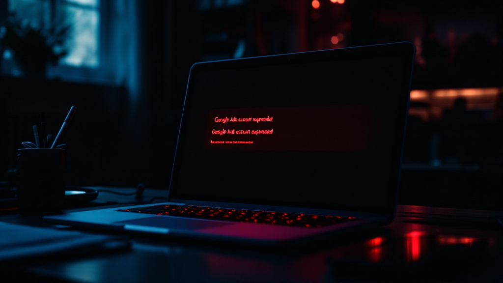 Laptop showing a red Google Ads account suspended warning on a dark desk
