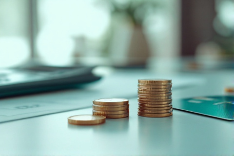 Two stacks of coins beside a credit card and calculator representing two pricing models