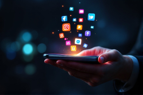 Smartphone glowing with multiple advertising platform icons representing multi-platform ad accounts