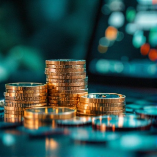 Crypto coins stacked next to a laptop keyboard under teal light
